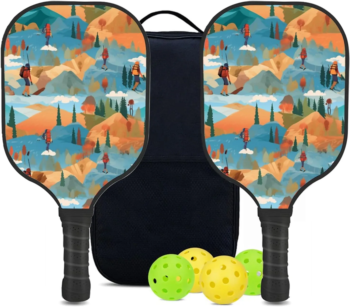 Custom Pickleball Paddles Set with 2 Pickleball Rackets 4 Pickle Balls 1 Carry Bag, Hiking-BJ411 Pattern, Carbon Fiber,Honeycomb Polymer Core & Comfort Grip