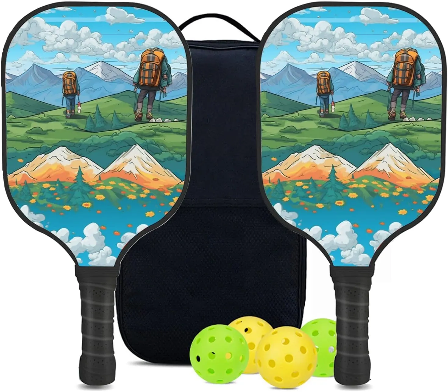 Custom Pickleball Paddles Set with 2 Pickleball Rackets 4 Pickle Balls 1 Carry Bag, Hiking-BJ429 Pattern, Carbon Fiber,Honeycomb Polymer Core & Comfort Grip