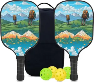 Custom Pickleball Paddles Set with 2 Pickleball Rackets 4 Pickle Balls 1 Carry Bag, Hiking-BJ429 Pattern, Carbon Fiber,Honeycomb Polymer Core & Comfort Grip