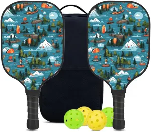 Custom Pickleball Paddles Set with 2 Pickleball Rackets 4 Pickle Balls 1 Carry Bag, Hiking-BJ431 Pattern, Carbon Fiber,Honeycomb Polymer Core & Comfort Grip