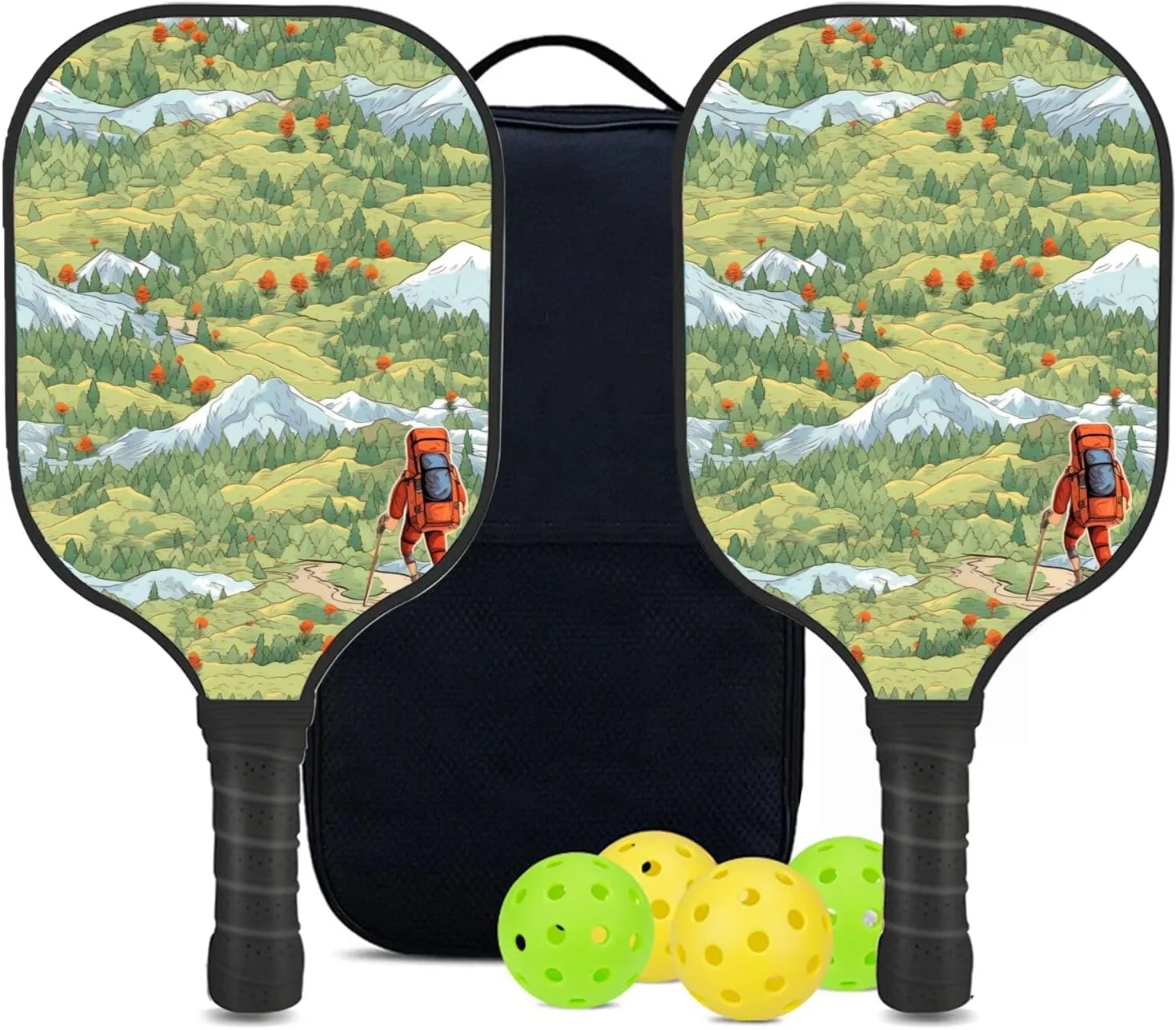 Custom Pickleball Paddles Set with 2 Pickleball Rackets 4 Pickle Balls 1 Carry Bag, Hiking-BJ458 Pattern, Carbon Fiber,Honeycomb Polymer Core & Comfort Grip