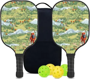 Custom Pickleball Paddles Set with 2 Pickleball Rackets 4 Pickle Balls 1 Carry Bag, Hiking-BJ458 Pattern, Carbon Fiber,Honeycomb Polymer Core & Comfort Grip