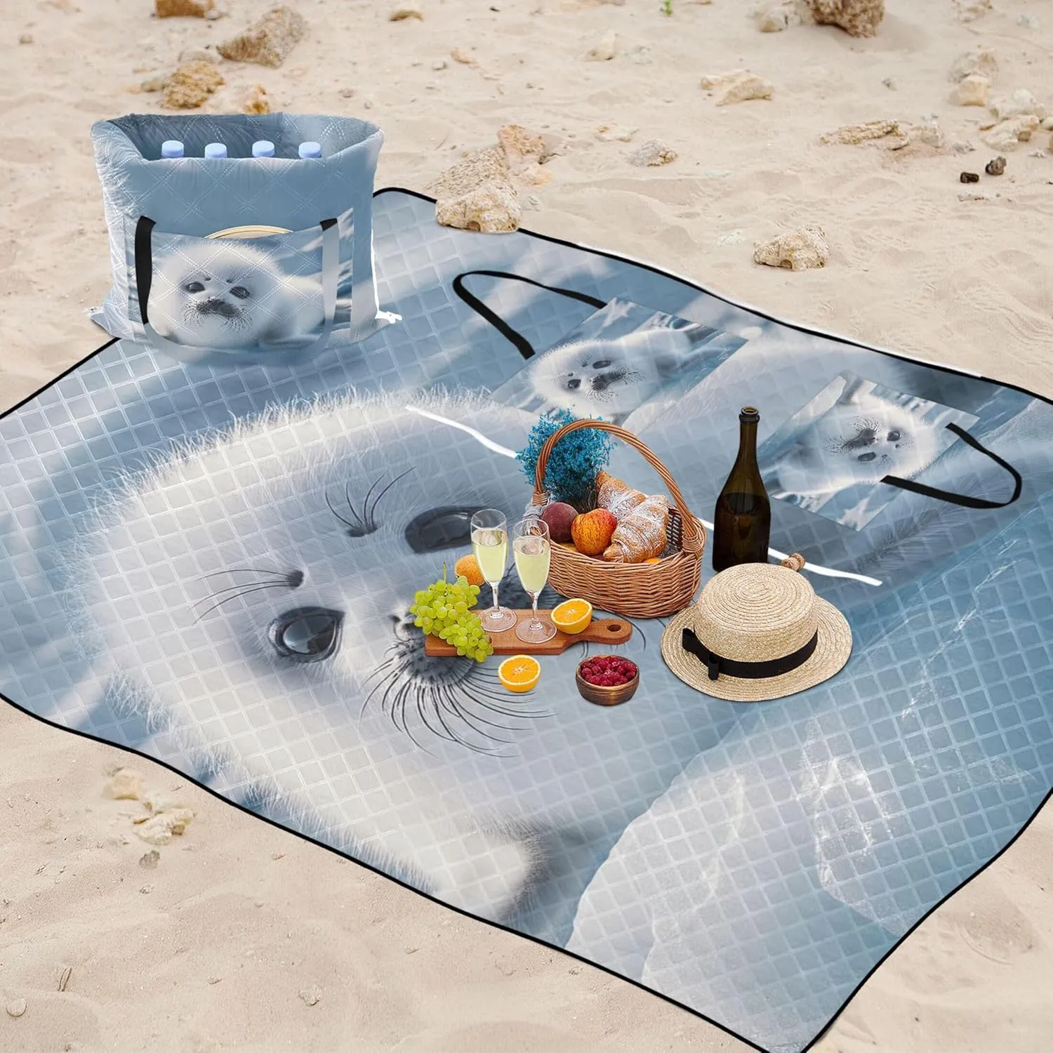 Cute Adorable Seal Polar Animal Beach Mat Waterproof Sandproof Floral Grass Mats for Camping Cute Picnic Essentials Foldable 80" x 60"