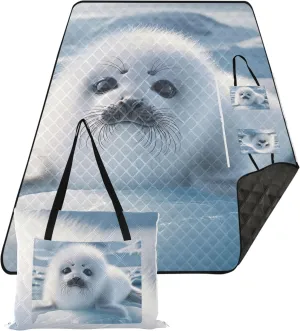 Cute Adorable Seal Polar Animal Beach Mat Waterproof Sandproof Floral Grass Mats for Camping Cute Picnic Essentials Foldable 80" x 60"