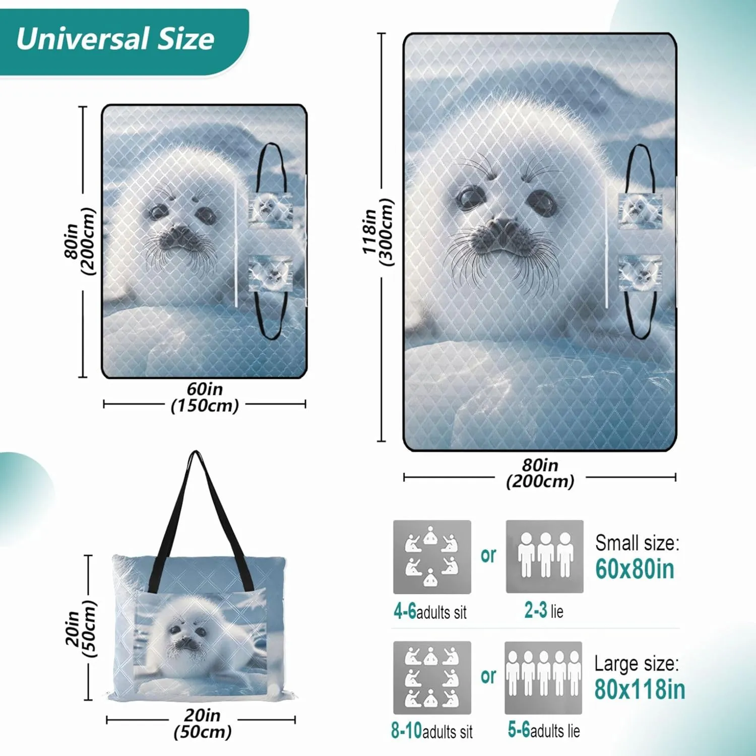 Cute Adorable Seal Polar Animal Beach Mat Waterproof Sandproof Floral Grass Mats for Camping Cute Picnic Essentials Foldable 80" x 60"
