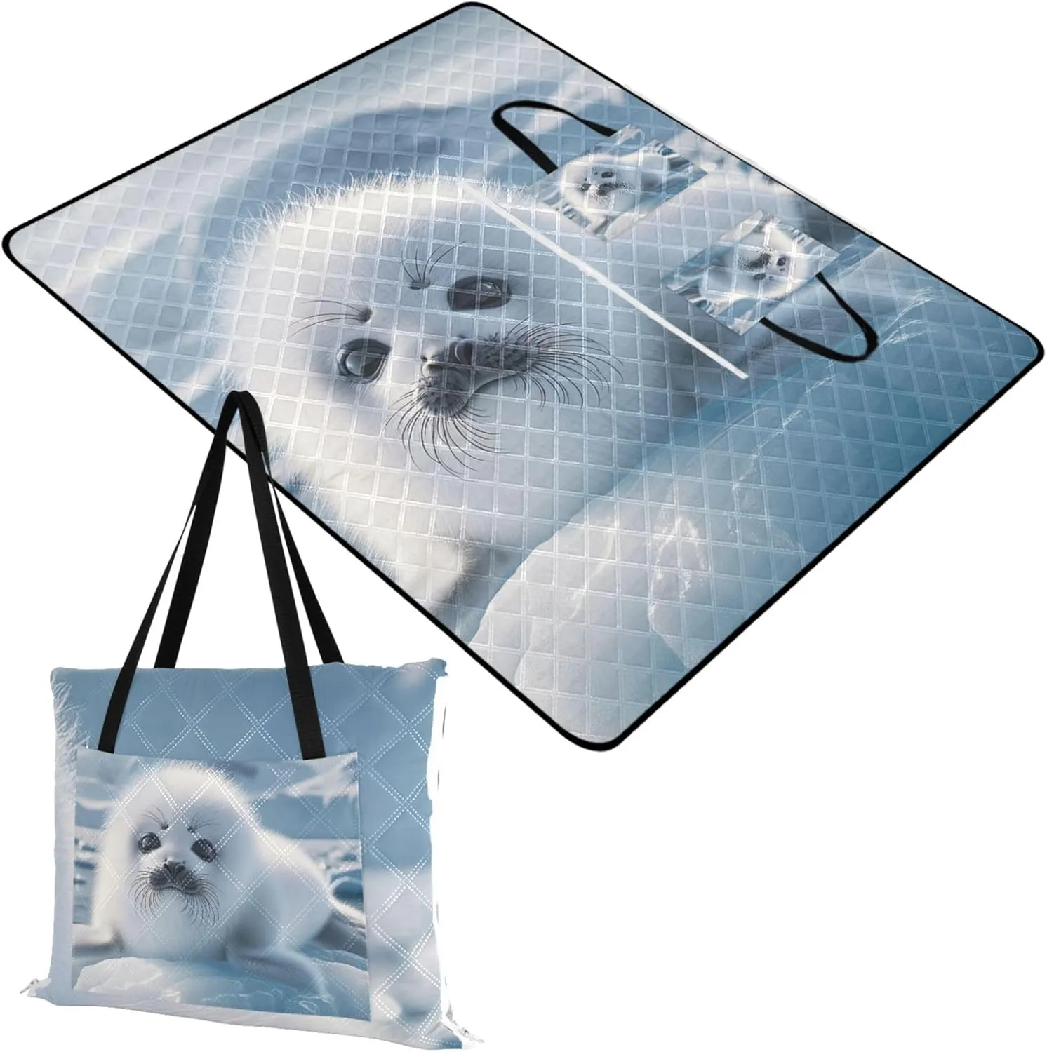Cute Adorable Seal Polar Animal Beach Mat Waterproof Sandproof Floral Grass Mats for Camping Cute Picnic Essentials Foldable 80" x 60"