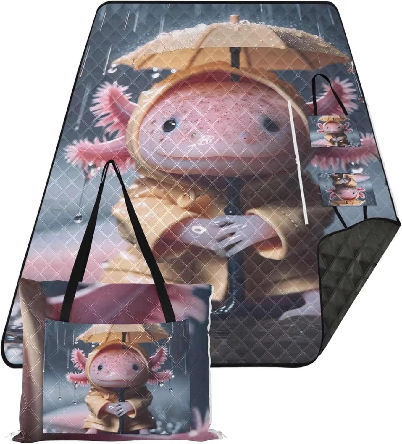 Cute Axolotl Animal Print Foldable Mat Picnic Blanket Beach Mat Sand Free Waterproof Outdoor Blanket Camping Mat 80" x 60"
