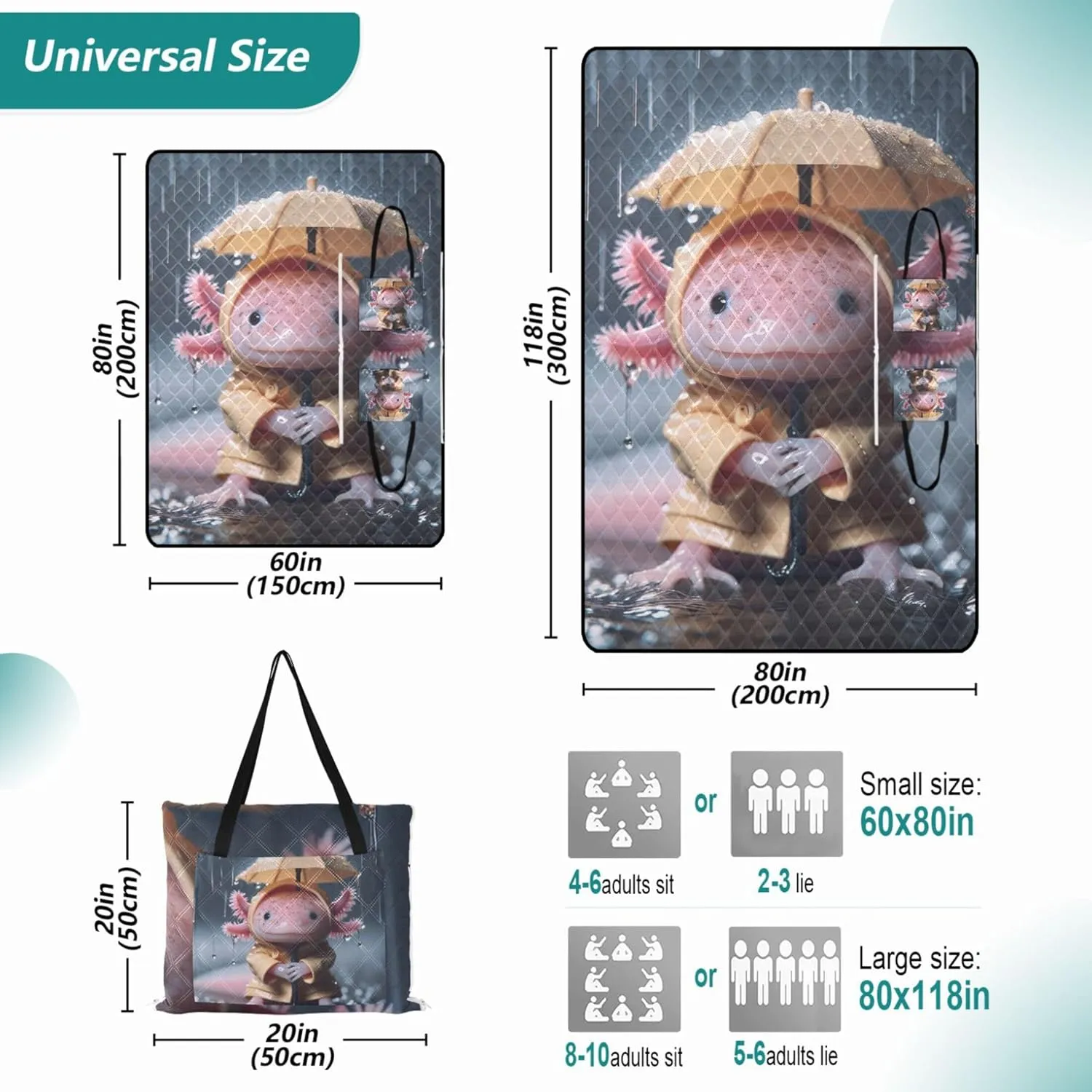 Cute Axolotl Animal Print Foldable Mat Picnic Blanket Beach Mat Sand Free Waterproof Outdoor Blanket Camping Mat 80" x 60"