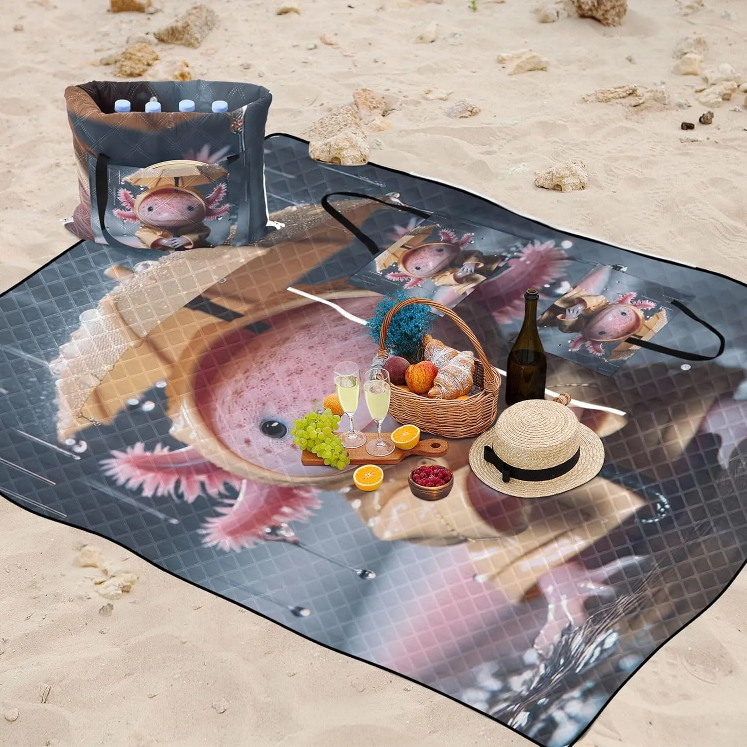 Cute Axolotl Animal Print Foldable Mat Picnic Blanket Beach Mat Sand Free Waterproof Outdoor Blanket Camping Mat 80" x 60"