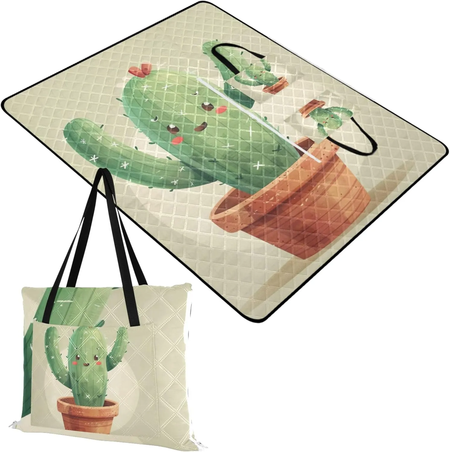 Cute Cartoon Cactus Beach Blanket Sandproof Waterproof Picnic Supplies Foldable Mat Lawn Blanket for Grass Mat 80" x 60"