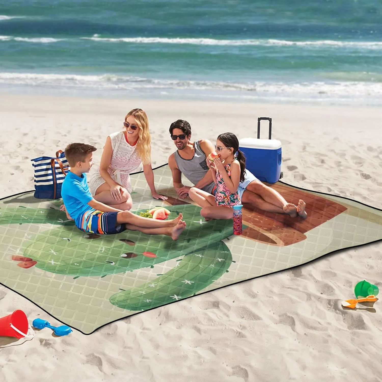 Cute Cartoon Cactus Beach Blanket Sandproof Waterproof Picnic Supplies Foldable Mat Lawn Blanket for Grass Mat 80" x 60"