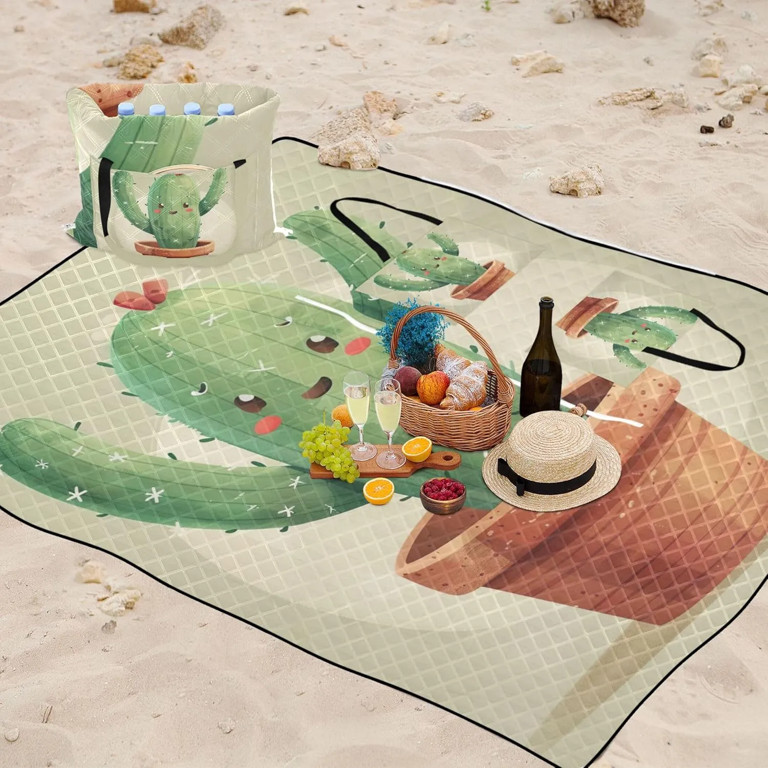 Cute Cartoon Cactus Beach Blanket Sandproof Waterproof Picnic Supplies Foldable Mat Lawn Blanket for Grass Mat 80" x 60"