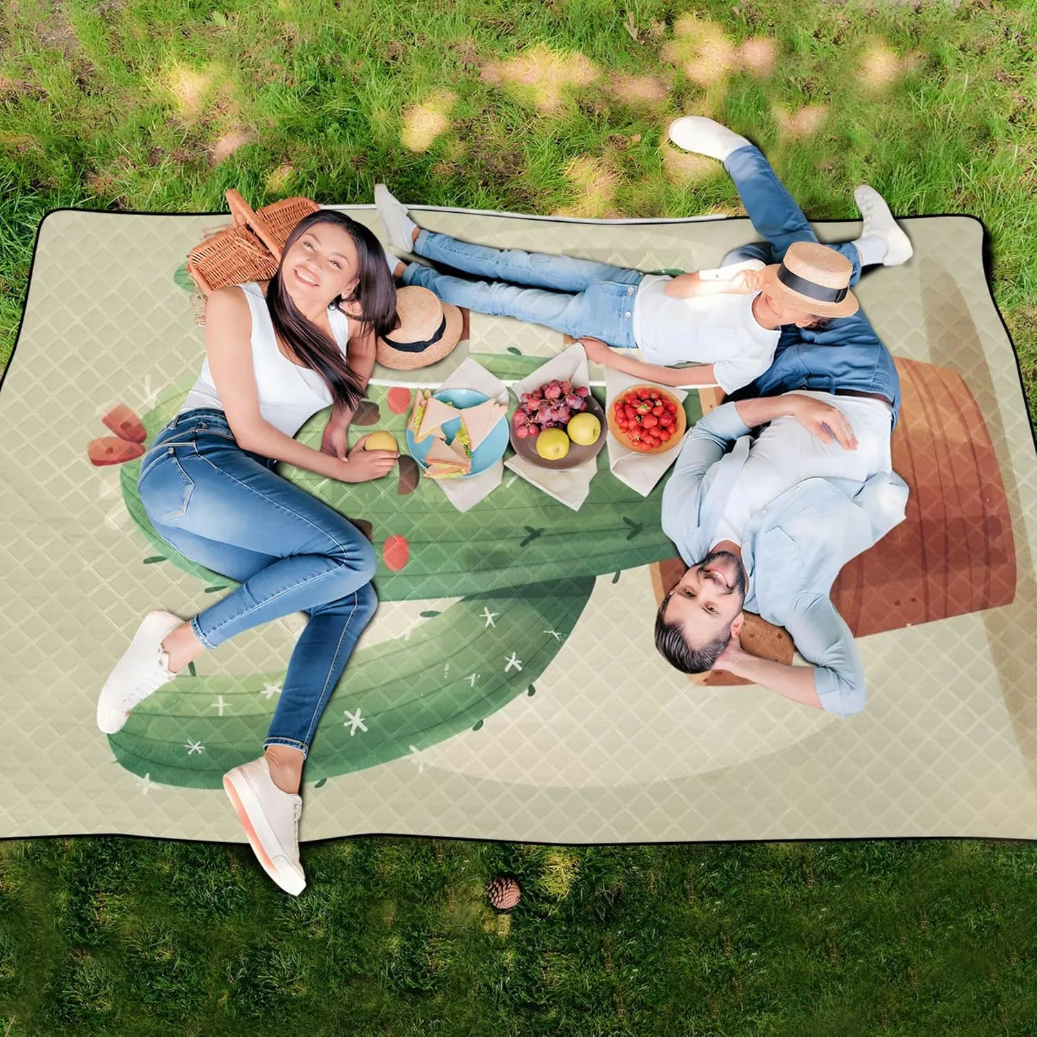 Cute Cartoon Cactus Beach Blanket Sandproof Waterproof Picnic Supplies Foldable Mat Lawn Blanket for Grass Mat 80" x 60"