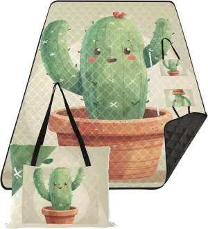 Cute Cartoon Cactus Beach Blanket Sandproof Waterproof Picnic Supplies Foldable Mat Lawn Blanket for Grass Mat 80" x 60"