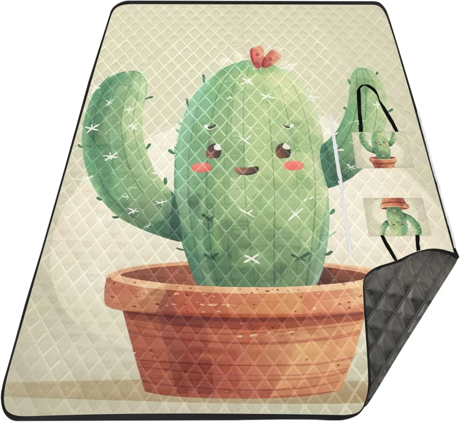 Cute Cartoon Cactus Beach Blanket Sandproof Waterproof Picnic Supplies Foldable Mat Lawn Blanket for Grass Mat 80" x 60"