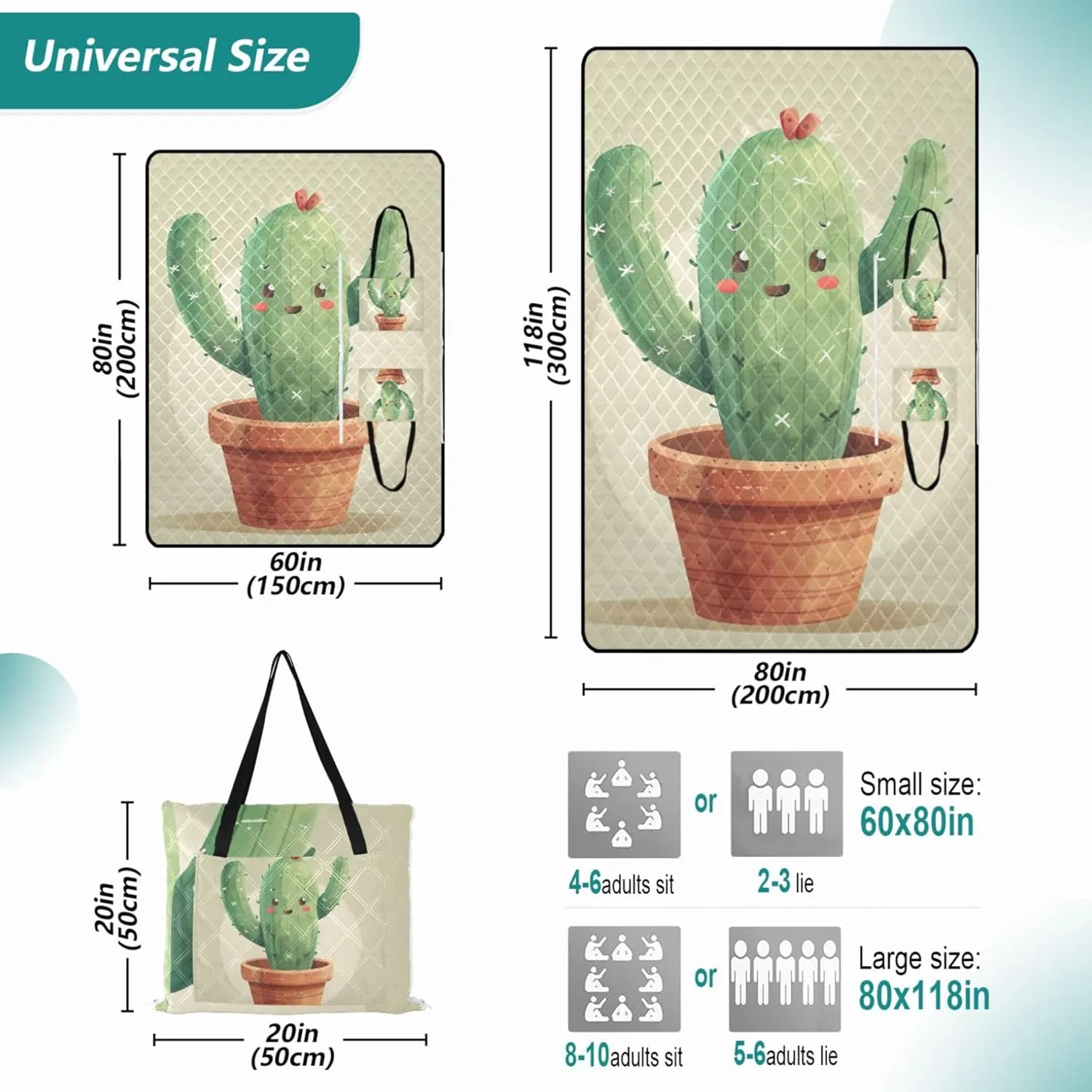 Cute Cartoon Cactus Beach Blanket Sandproof Waterproof Picnic Supplies Foldable Mat Lawn Blanket for Grass Mat 80" x 60"