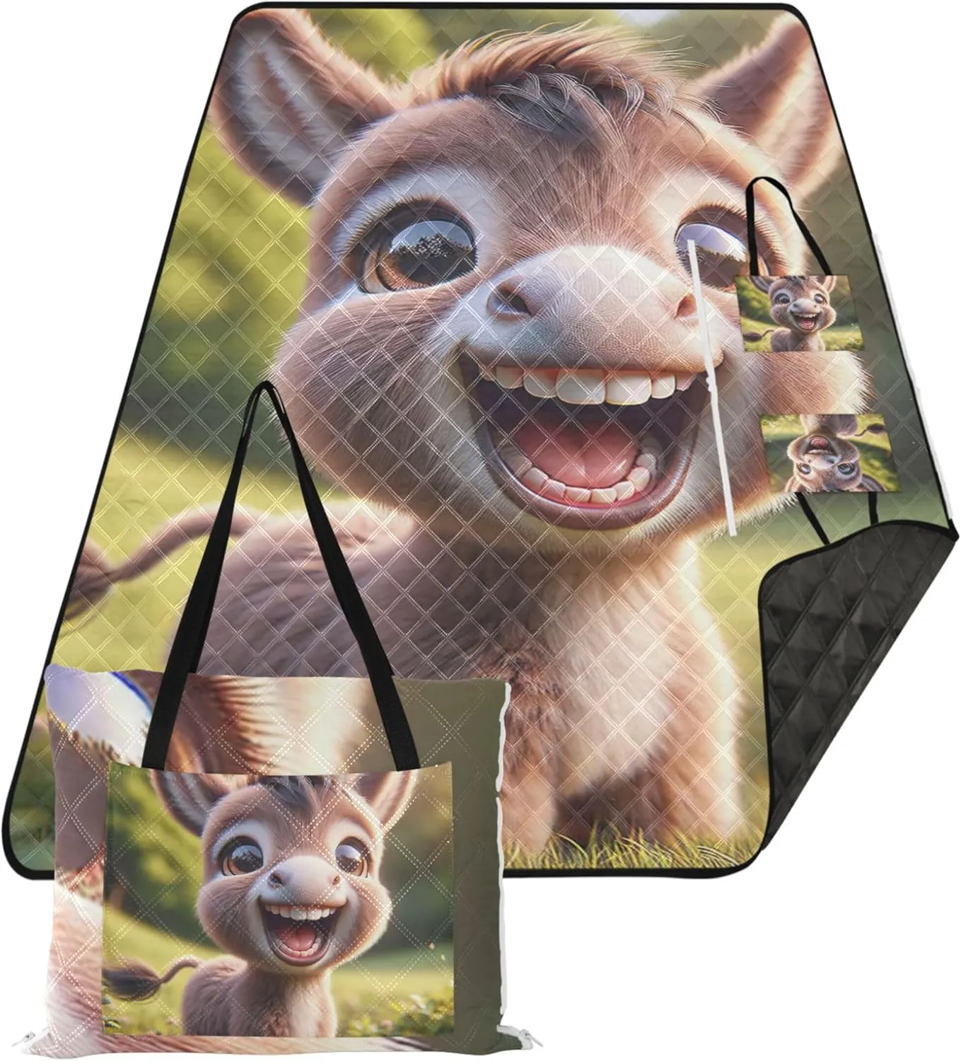 Cute Donkey Smiling Cub Beach Blanket Waterproof Sandproof, Outdoor Blankets for Grass Large Mat Picnic Blanket Cute, 118" x 80"