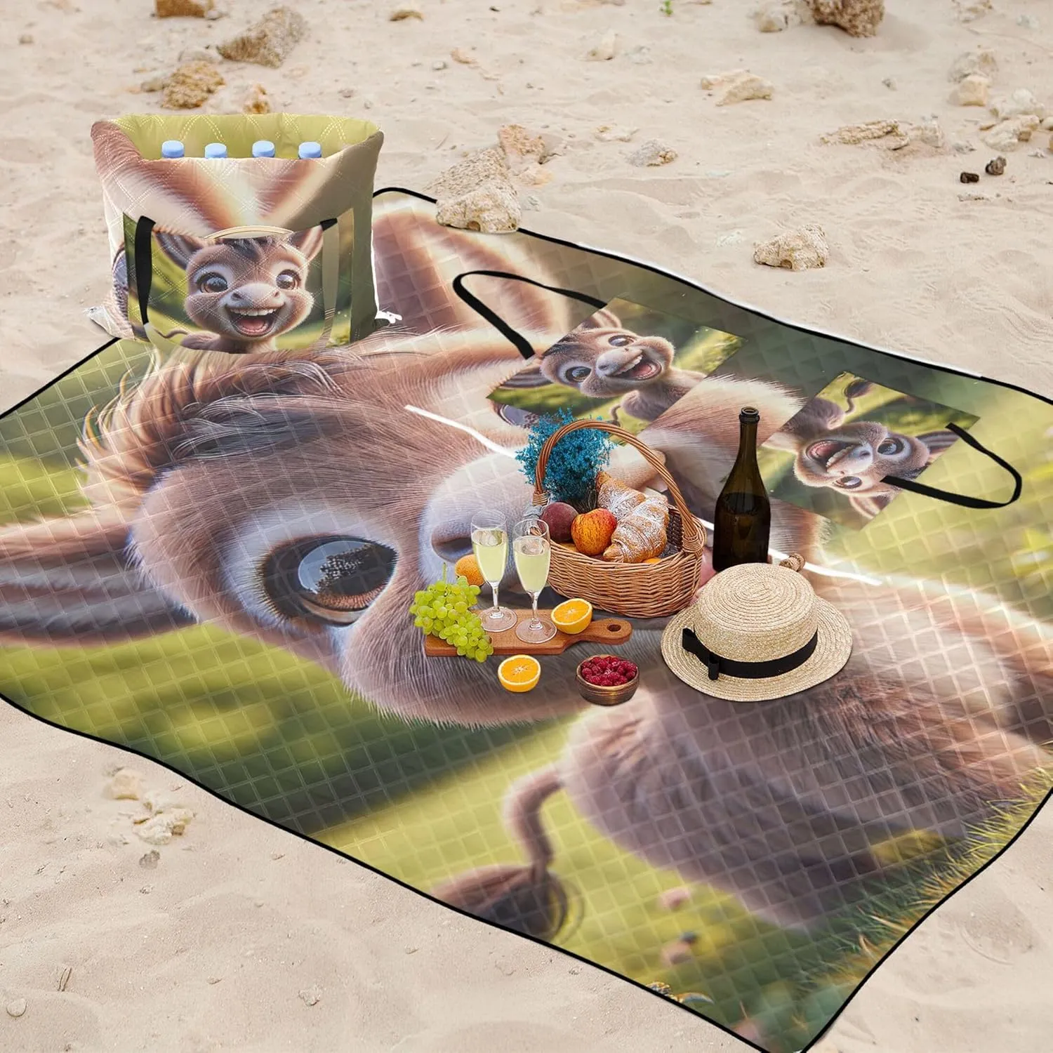 Cute Donkey Smiling Cub Beach Blanket Waterproof Sandproof, Outdoor Blankets for Grass Large Mat Picnic Blanket Cute, 118" x 80"
