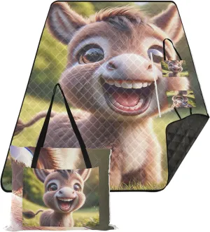 Cute Donkey Smiling Cub Beach Blanket Waterproof Sandproof, Outdoor Blankets for Grass Large Mat Picnic Blanket Cute, 118" x 80"