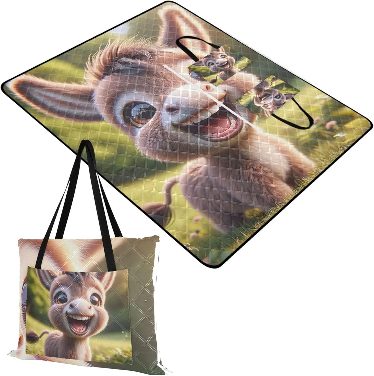 Cute Donkey Smiling Cub Beach Blanket Waterproof Sandproof, Outdoor Blankets for Grass Large Mat Picnic Blanket Cute, 118" x 80"