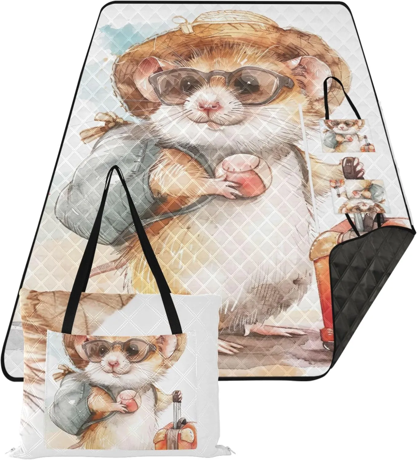 Cute Hamster Cartoon Animal Foldable Picnic Blankets Large Waterproof Beach Blanket Oversized Outdoor Play Mat for Grass 80" x 60"