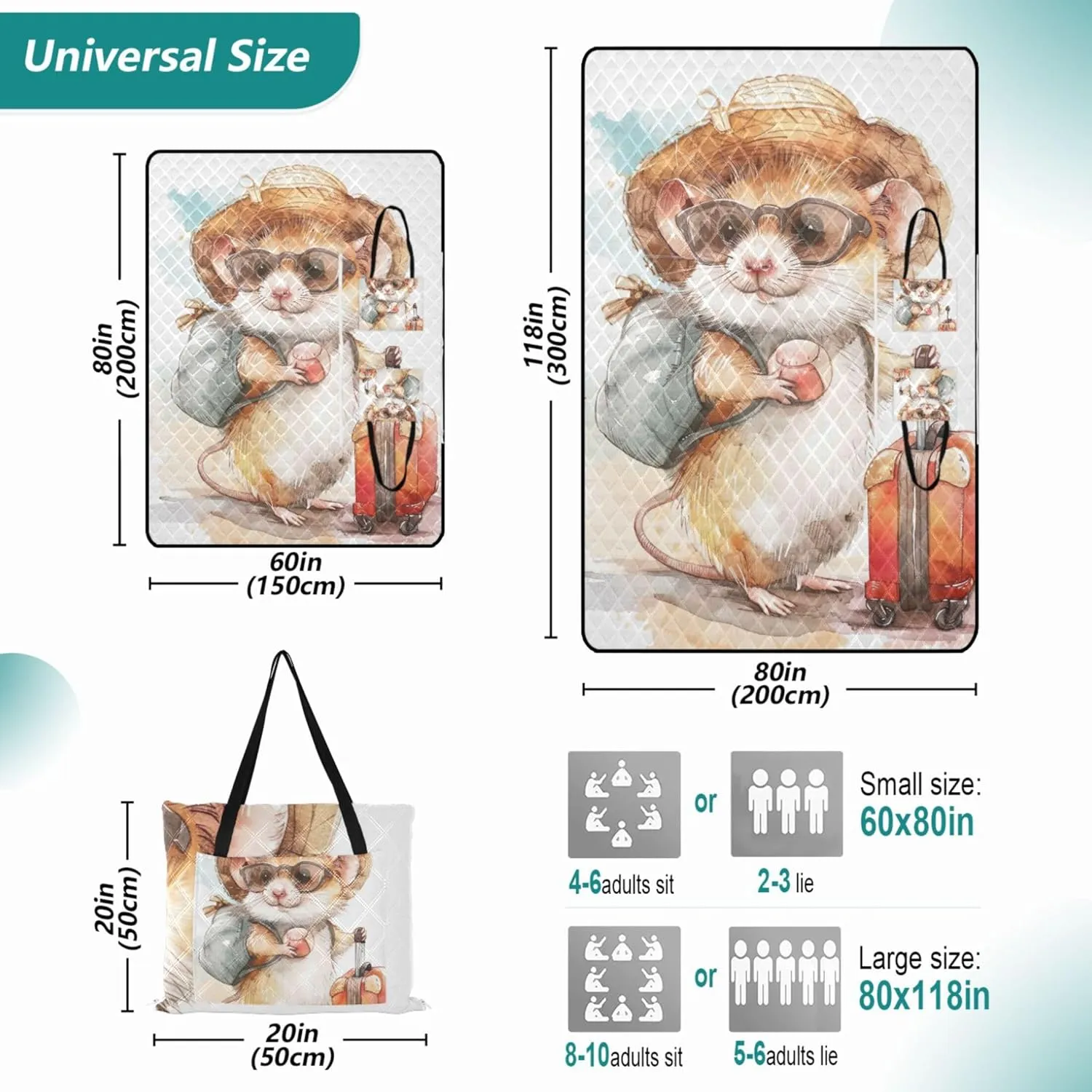 Cute Hamster Cartoon Animal Foldable Picnic Blankets Large Waterproof Beach Blanket Oversized Outdoor Play Mat for Grass 80" x 60"