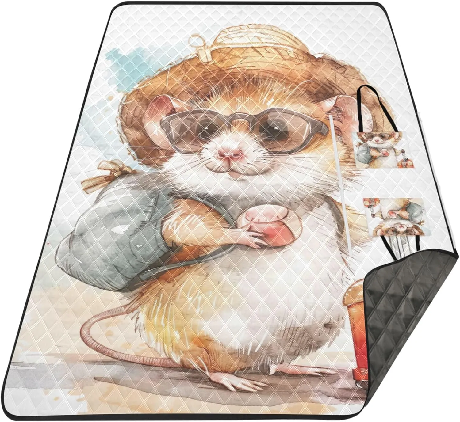 Cute Hamster Cartoon Animal Foldable Picnic Blankets Large Waterproof Beach Blanket Oversized Outdoor Play Mat for Grass 80" x 60"