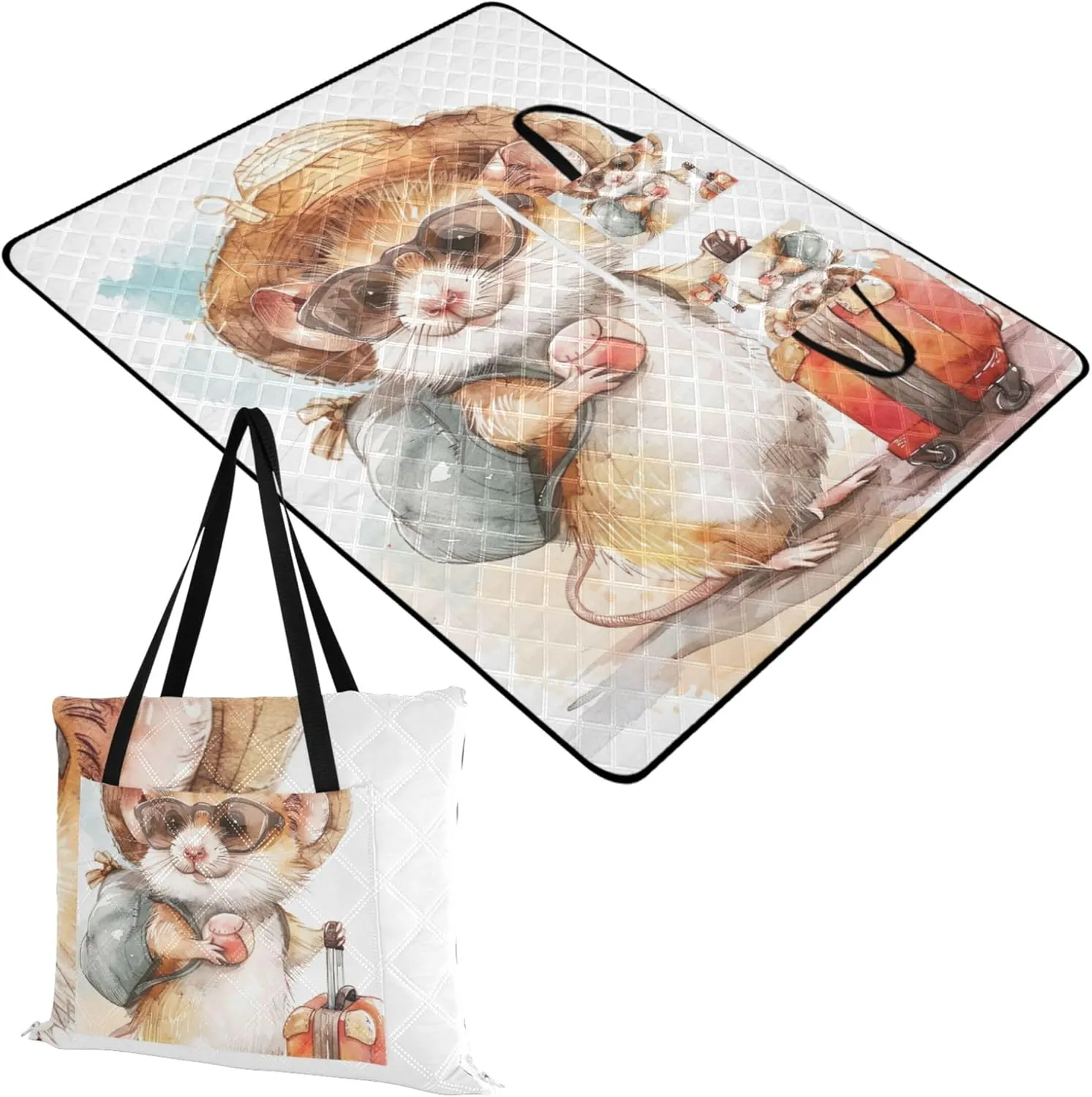 Cute Hamster Cartoon Animal Foldable Picnic Blankets Large Waterproof Beach Blanket Oversized Outdoor Play Mat for Grass 80" x 60"