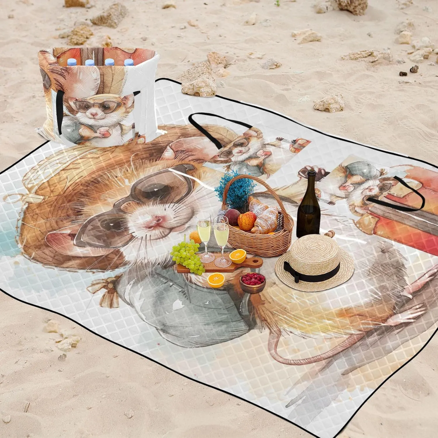 Cute Hamster Cartoon Animal Foldable Picnic Blankets Large Waterproof Beach Blanket Oversized Outdoor Play Mat for Grass 80" x 60"