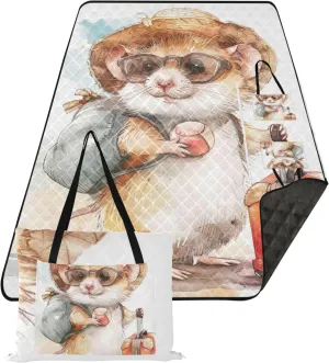 Cute Hamster Cartoon Animal Foldable Picnic Blankets Large Waterproof Beach Blanket Oversized Outdoor Play Mat for Grass 80" x 60"
