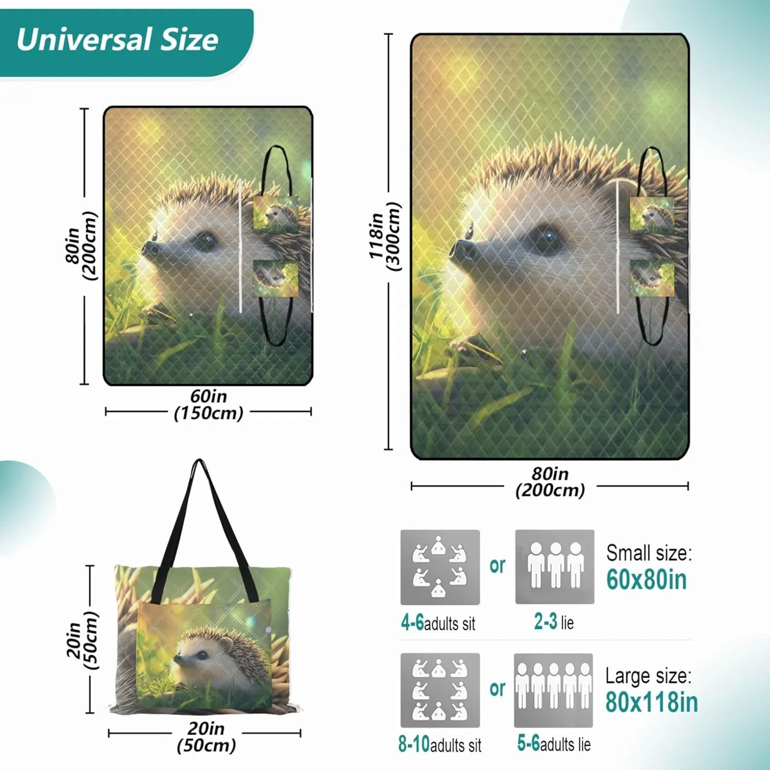 Cute Hedgehog Grass Animal Pink Picnic Blanket Foldable Beach Mat Waterproof Sandproof Packable Camping Blanket 118" x 80"