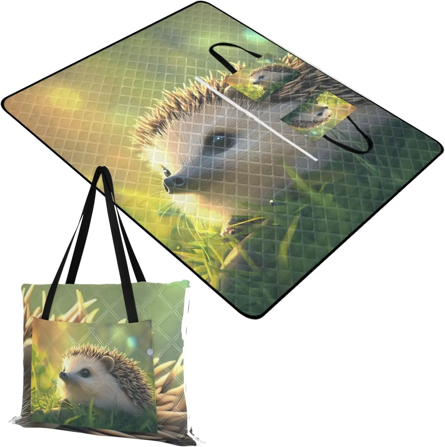 Cute Hedgehog Grass Animal Pink Picnic Blanket Foldable Beach Mat Waterproof Sandproof Packable Camping Blanket 118" x 80"