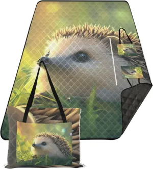 Cute Hedgehog Grass Animal Pink Picnic Blanket Foldable Beach Mat Waterproof Sandproof Packable Camping Blanket 118" x 80"