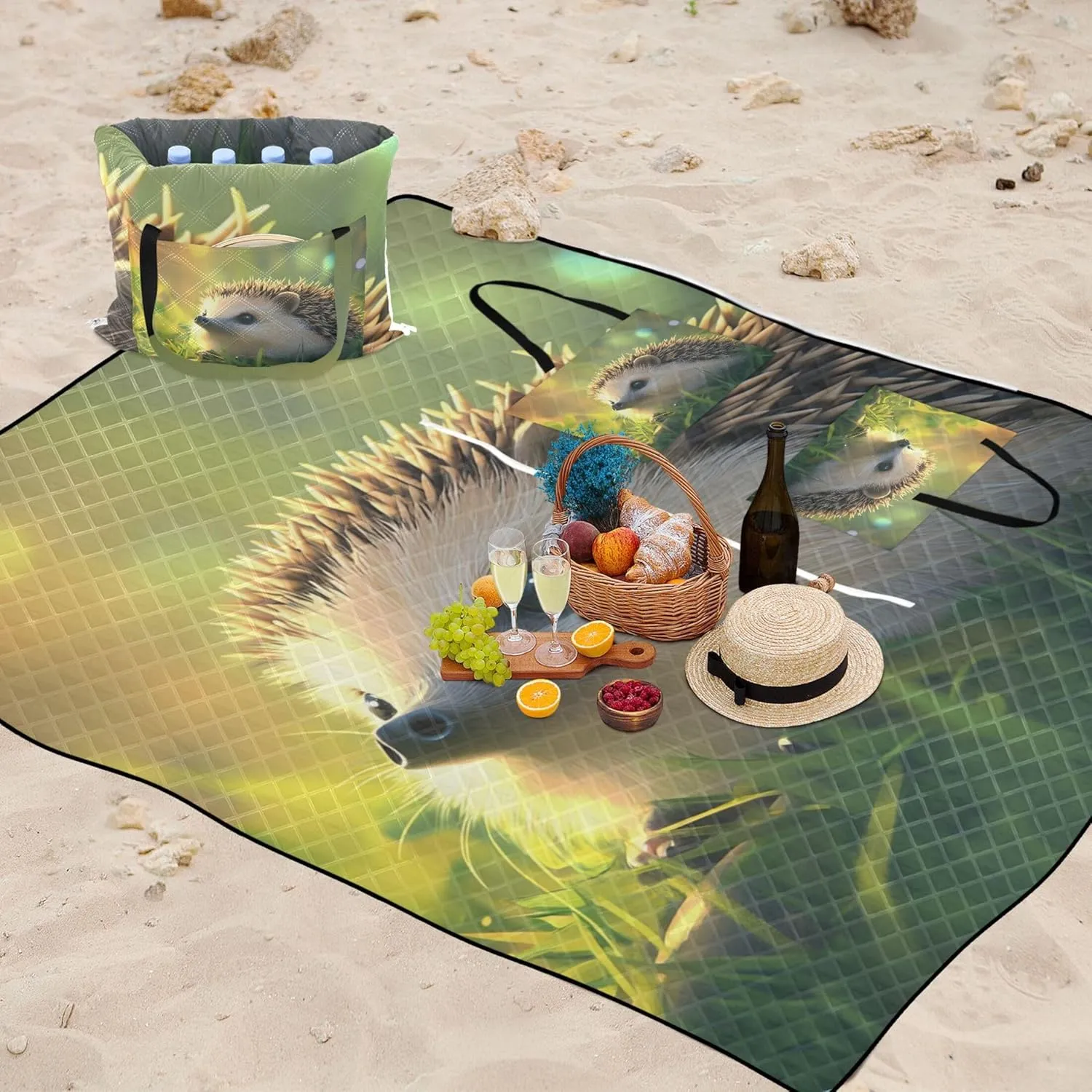 Cute Hedgehog Grass Animal Pink Picnic Blanket Foldable Beach Mat Waterproof Sandproof Packable Camping Blanket 118" x 80"