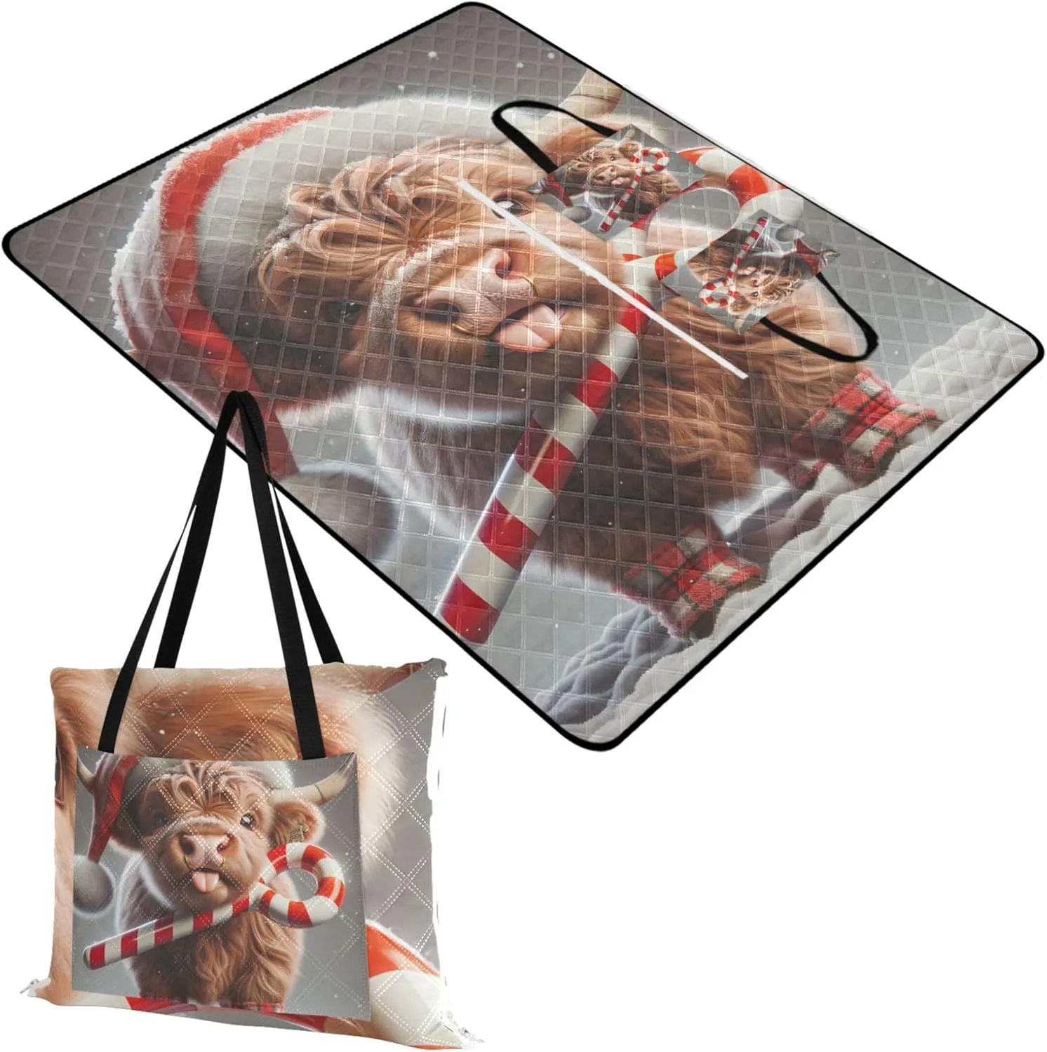Cute Highland Cow Christmas Waterproof Beach Blanket Sandproof Foldable Picnic Blankets Large Outdoor Playmat Camping Blanket 80" x 60"