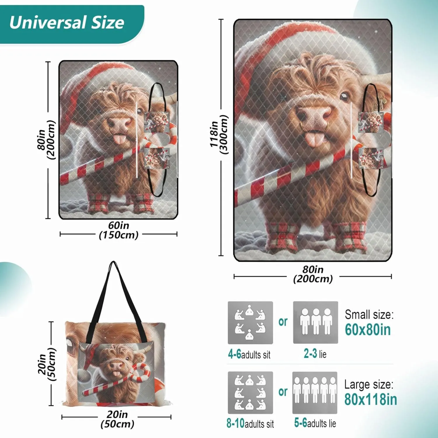 Cute Highland Cow Christmas Waterproof Beach Blanket Sandproof Foldable Picnic Blankets Large Outdoor Playmat Camping Blanket 80" x 60"