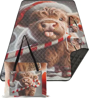 Cute Highland Cow Christmas Waterproof Beach Blanket Sandproof Foldable Picnic Blankets Large Outdoor Playmat Camping Blanket 80" x 60"