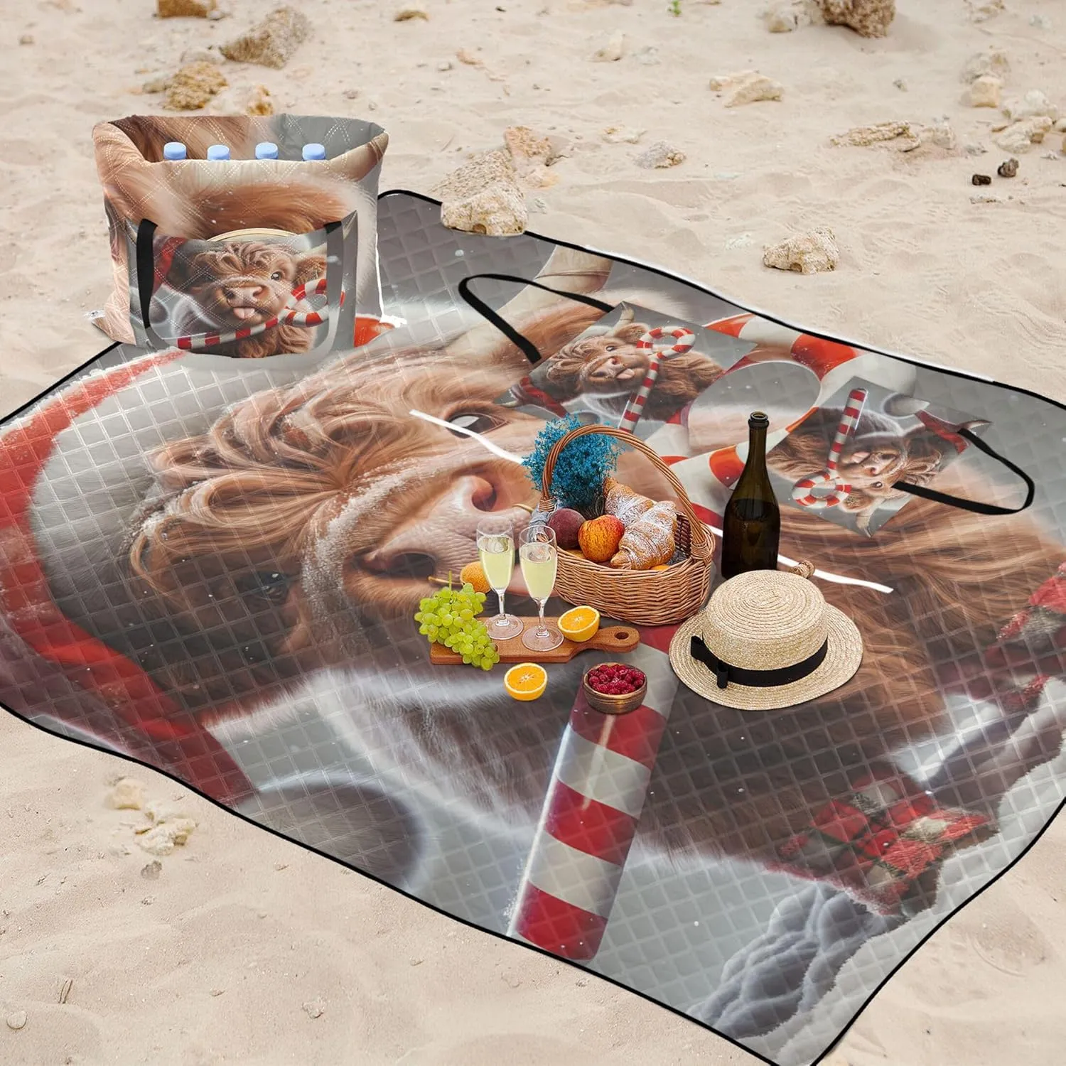 Cute Highland Cow Christmas Waterproof Beach Blanket Sandproof Foldable Picnic Blankets Large Outdoor Playmat Camping Blanket 80" x 60"
