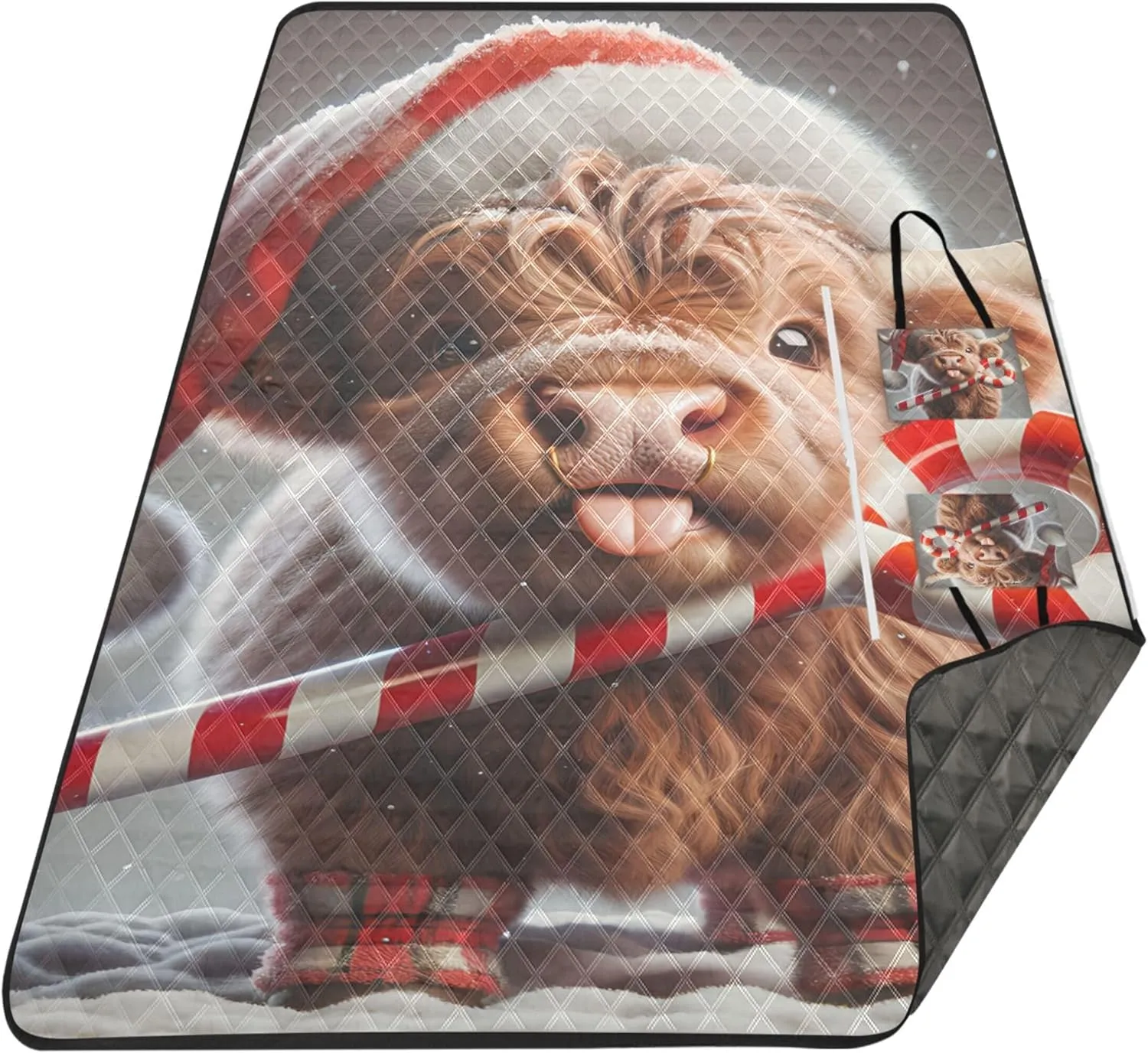 Cute Highland Cow Christmas Waterproof Beach Blanket Sandproof Foldable Picnic Blankets Large Outdoor Playmat Camping Blanket 80" x 60"