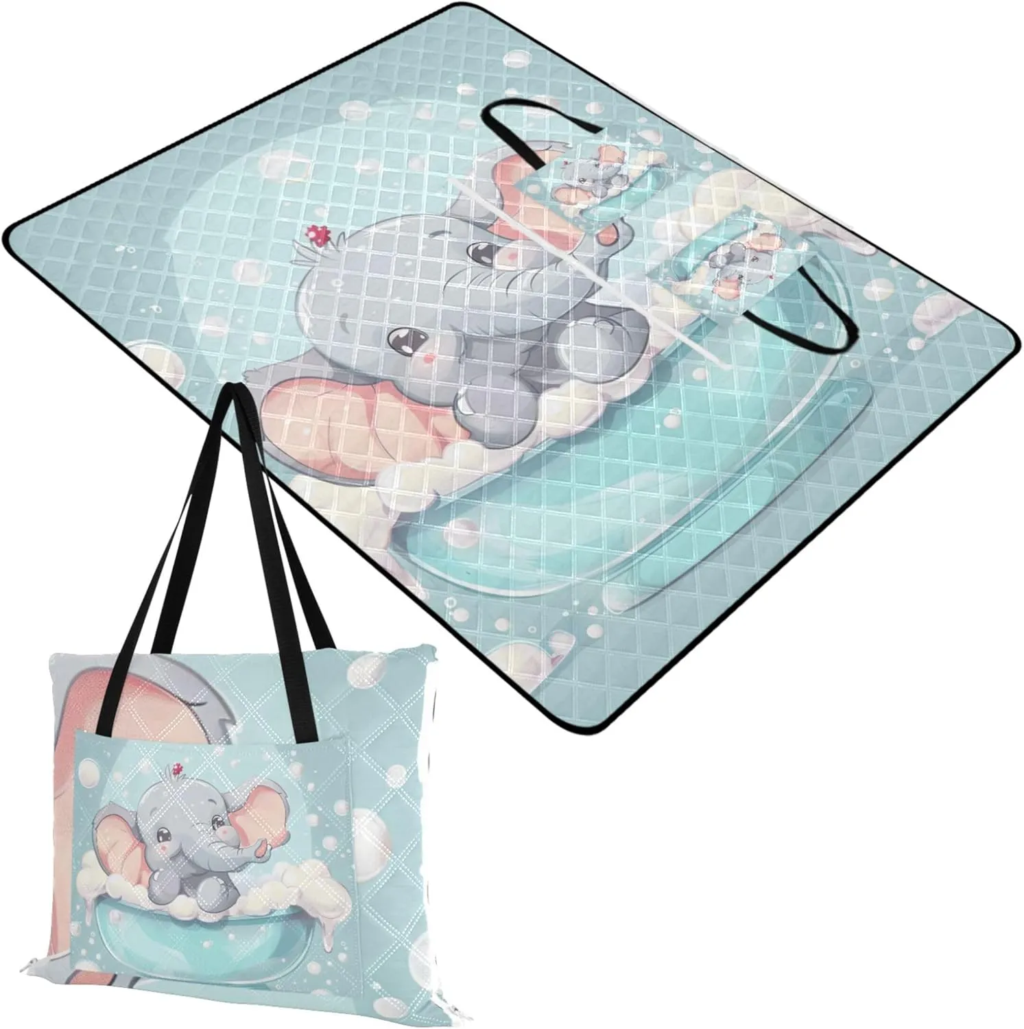 Cute Naughty Elephant Oversized Beach Blanket Waterproof Outdoor Playmat Camping Blanket Picnic Supplies Foldable Mat 80" x 60"