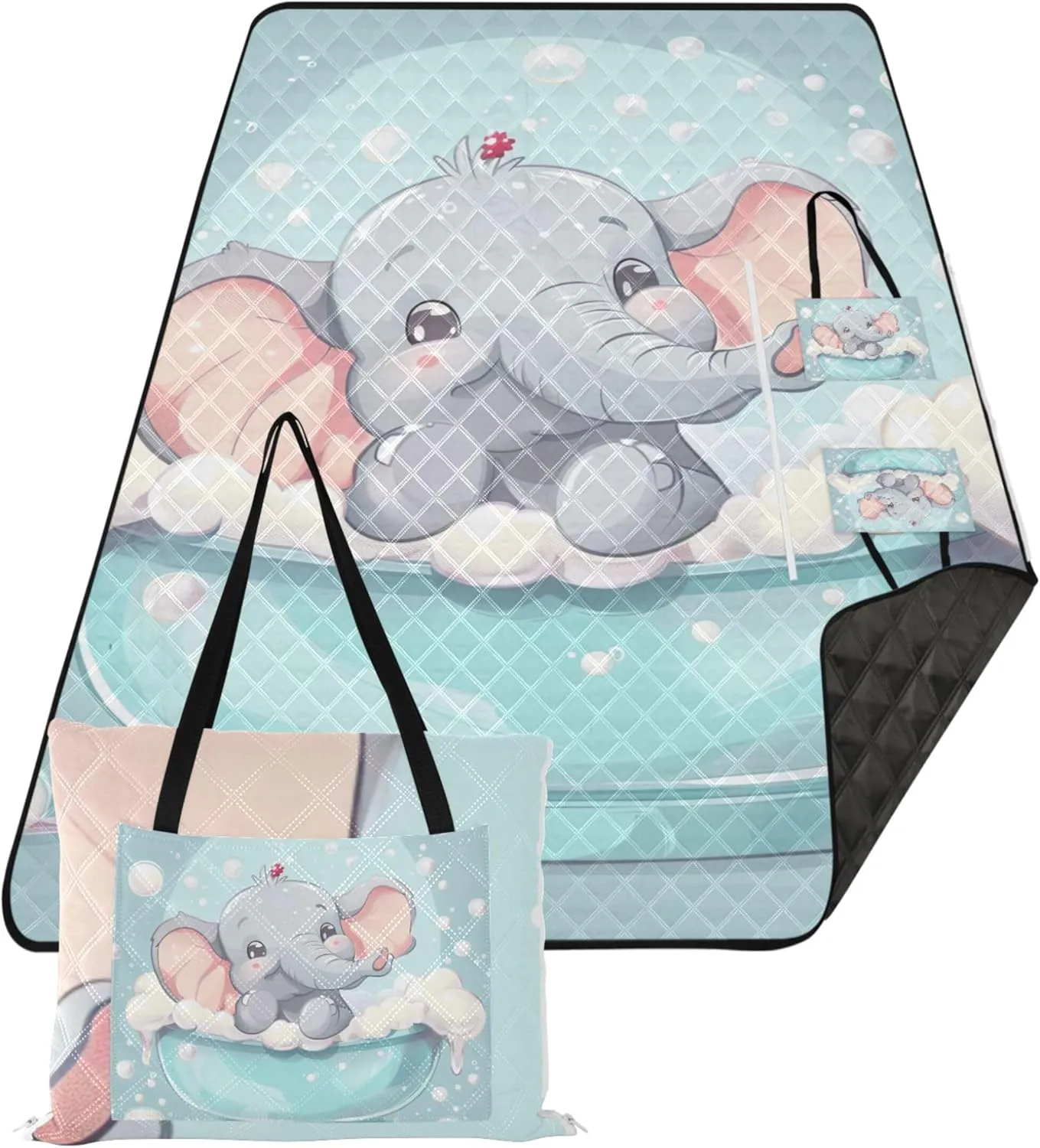 Cute Naughty Elephant Oversized Beach Blanket Waterproof Outdoor Playmat Camping Blanket Picnic Supplies Foldable Mat 80" x 60"