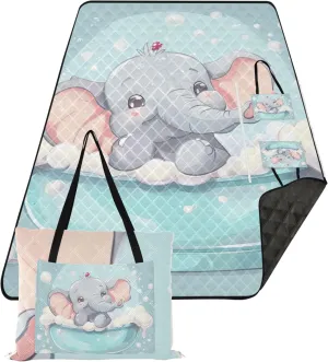 Cute Naughty Elephant Oversized Beach Blanket Waterproof Outdoor Playmat Camping Blanket Picnic Supplies Foldable Mat 80" x 60"
