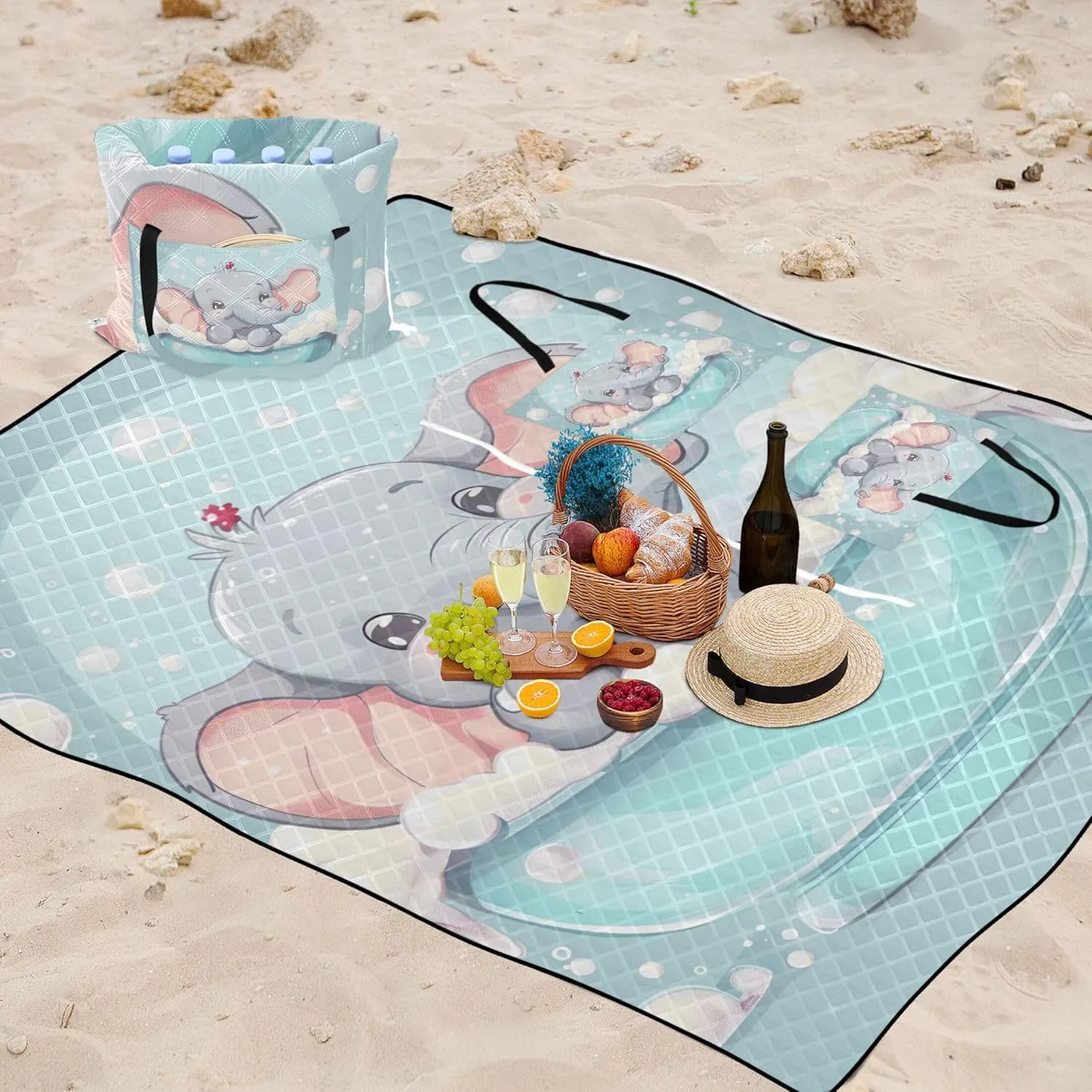 Cute Naughty Elephant Oversized Beach Blanket Waterproof Outdoor Playmat Camping Blanket Picnic Supplies Foldable Mat 80" x 60"
