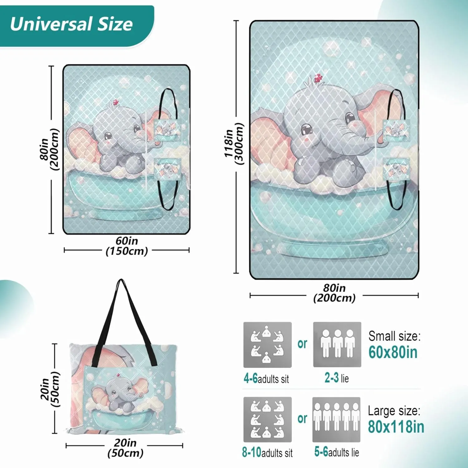 Cute Naughty Elephant Oversized Beach Blanket Waterproof Outdoor Playmat Camping Blanket Picnic Supplies Foldable Mat 80" x 60"