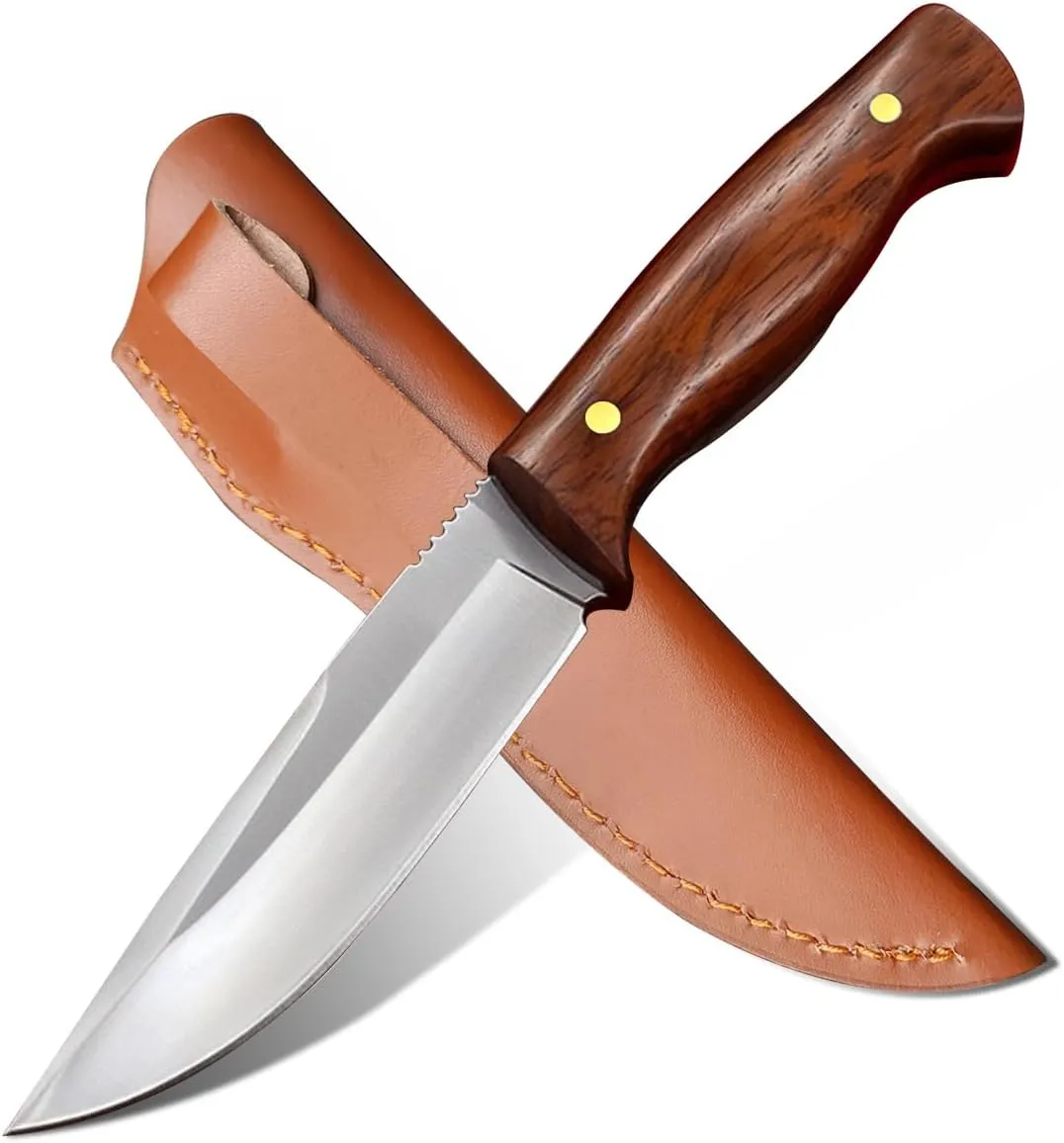 D2 Steel Hunting Knife, Handmade Fixed Blade, Full-Tang Knife with Leather Sheath Non Slip Wood Handle, Survival Tactical knives, Camping knives for Hunting, Fishing and Survival (D2 Steel)