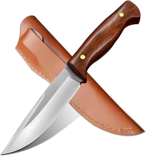 D2 Steel Hunting Knife, Handmade Fixed Blade, Full-Tang Knife with Leather Sheath Non Slip Wood Handle, Survival Tactical knives, Camping knives for Hunting, Fishing and Survival (D2 Steel)