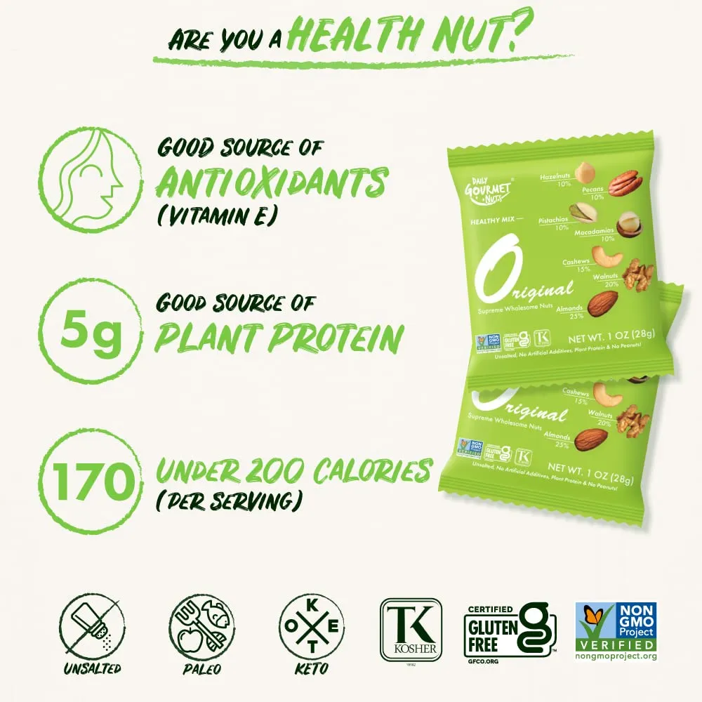 Daily Gourmet Nuts - Unsalted Mixed Nuts Snack Packs/Individually Wrapped Snacks/Nut Snacks/No Peanuts/Healthy Trail Mix Individual Packs/Deluxe Assorted Snacks