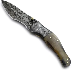 Damascus Handmade Folding Pocket,Bowie Knife for Hunting,Survival,Camping,Bushcraft,EDC and Fishing with straight back Blade-Full Tang Bone Handle with CowHide-Leather Sheath WFD-2532