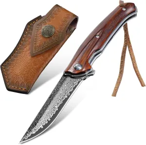 Damascus Pocket Knife with Vintage Leather Sheath, Damascus Folding Knife with VG10 Damascus Steel Blade and Wooden Handle, EDC Knife for Outdoor Survival Camping, Personalized Collectible Gifts for Men