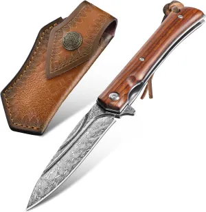 Damascus Pocket Knife with Vintage Leather Sheath, Damascus Folding Knife with VG10 Damascus Steel Blade and Wooden Handle, EDC Knife for Outdoor Survival Camping, Personalized Collectible Gifts for Men